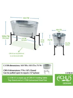 Achla Designs Mini Oval Galvanized Tub With Folding Stand -Outdoor Garden Care 8612906 04v